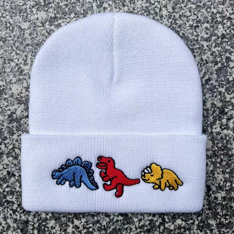 Dinosaur Embroidery Beanie Hat – Warm Knit Cap for Men & Women