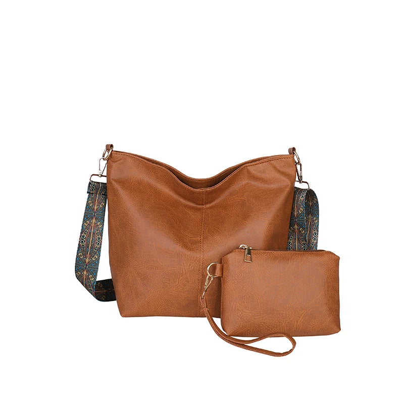 PU Leather Crossbody Bag with Wide Boho Strap + Wristlet Pouch