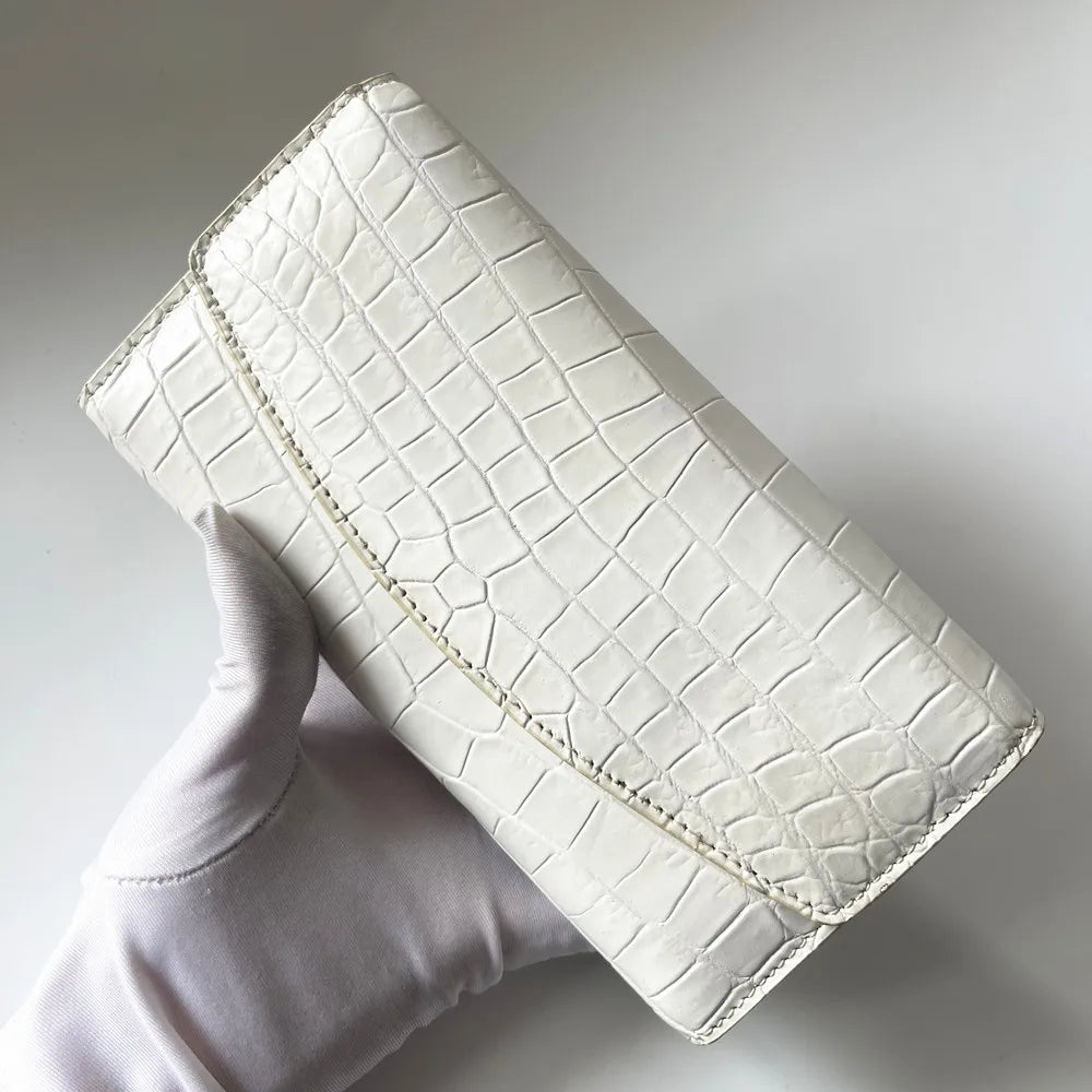 Crocodile Leather Women's Long Tri-Fold Wallet | White Luxury Clutch