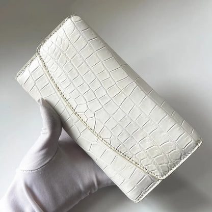 Crocodile Leather Women's Long Tri-Fold Wallet | White Luxury Clutch