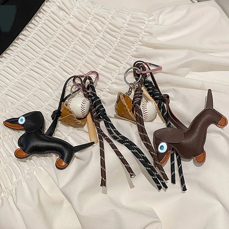 Dachshund Leather Keychain with Baseball Charms & Braided Rope