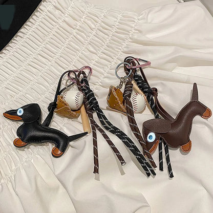 Dachshund Leather Keychain with Baseball Charms & Braided Rope