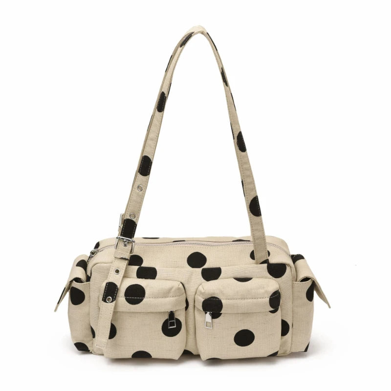 Polka Dot Canvas Shoulder Bag – Multi-Pocket Large Capacity Boston Handbag