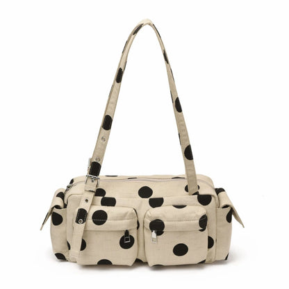Polka Dot Canvas Shoulder Bag – Multi-Pocket Large Capacity Boston Handbag
