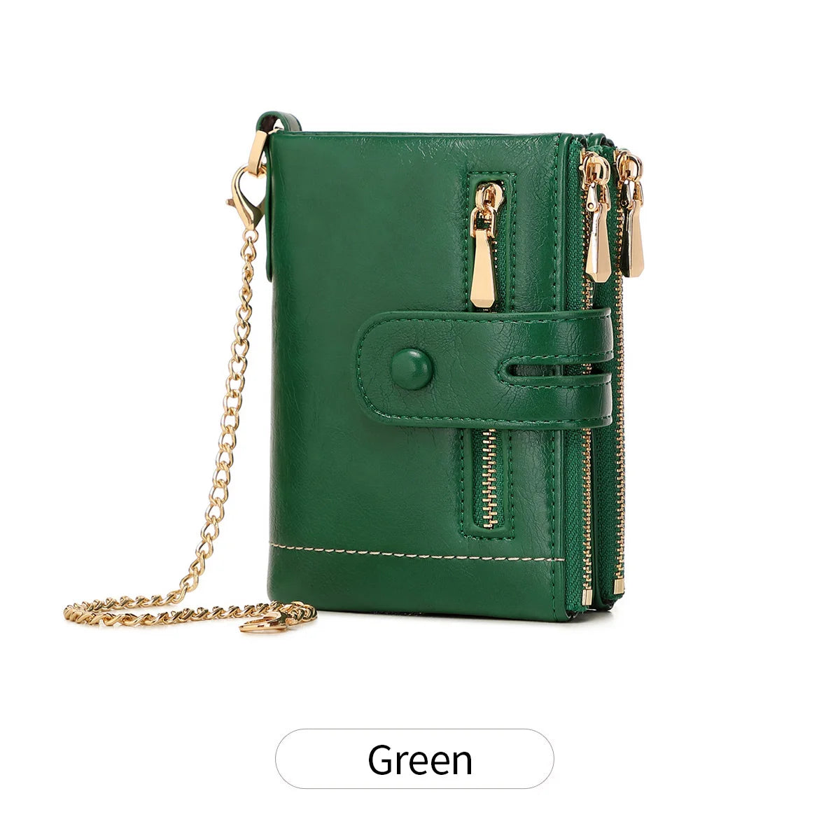 Women's Double Zipper Short Wallet with Detachable Chain