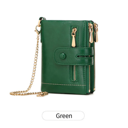 Women's Double Zipper Short Wallet with Detachable Chain