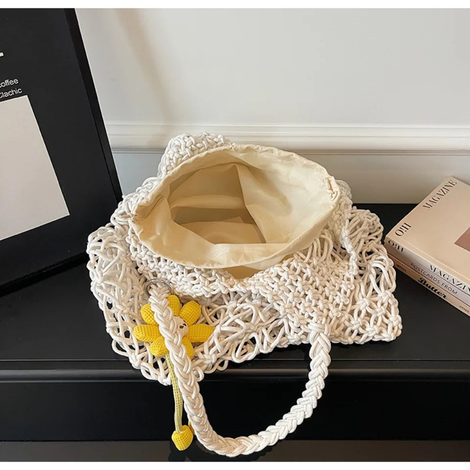 Straw Woven Hollow-Out Shoulder Bag with Flower Charm