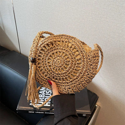 Round Straw Crossbody Bag – Boho Tassel Beach Bag