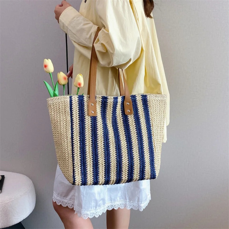 Striped Woven Straw Tote Bag – Large Capacity Shoulder Bag for Women