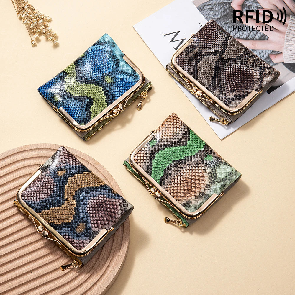 RFID Blocking Women's Genuine Leather Serpentine Clutch Wallet