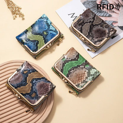 RFID Blocking Women's Genuine Leather Serpentine Clutch Wallet