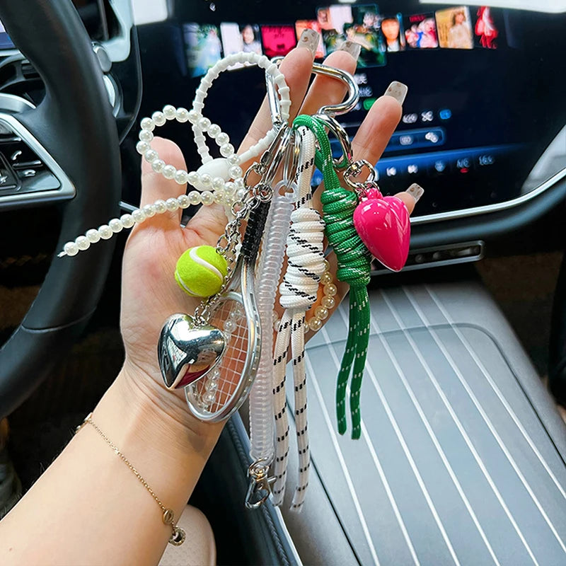 Pearl Charm Keychain with Sports & Heart Pendants – Korean Style