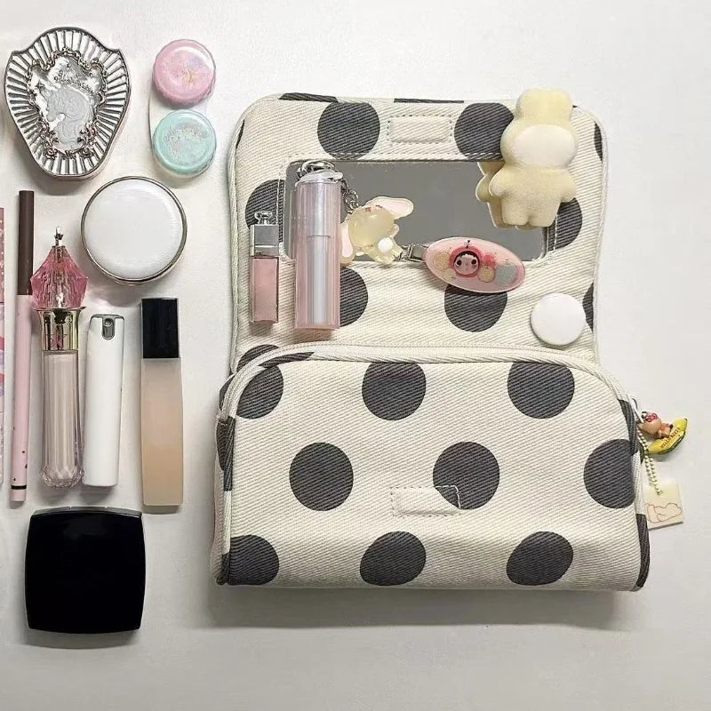 Makeup Bag with Mirror – Korean Striped Cosmetic Pouch