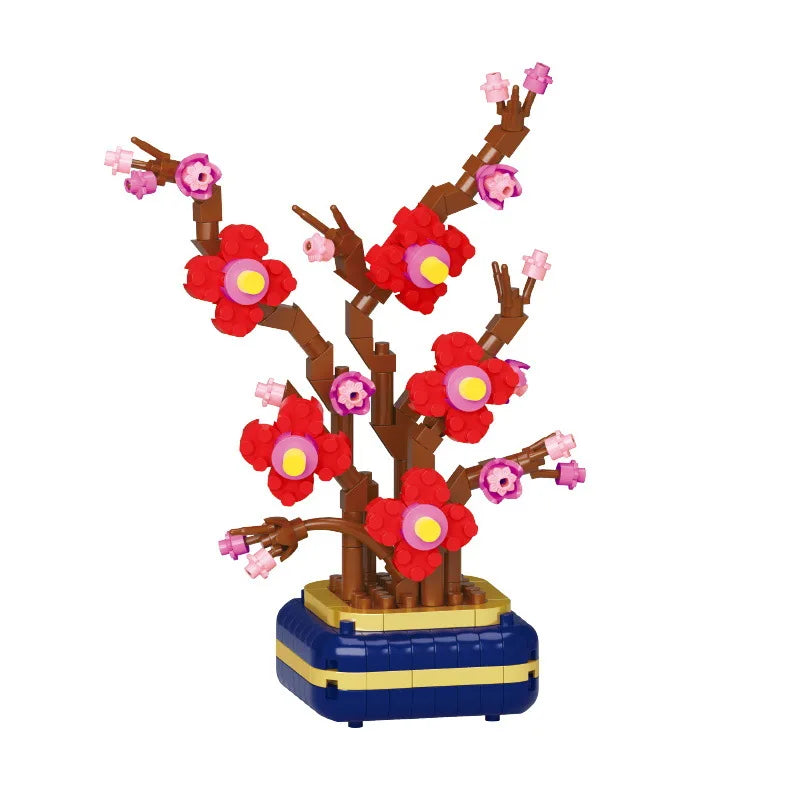Micro Bonsai Building Blocks – Potted Plum Blossom & Succulent Plant Model