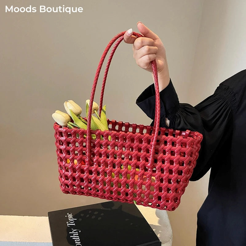 Moods Underarm Basket Shoulder Bags Women Summer Latest Beach Tote Bag Woven Design Plastic