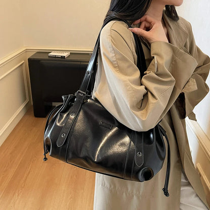Moods Practical Big Shoulder Hobo Bags Women Soft Vegan Leather Drawstring Large Capacity Shopper