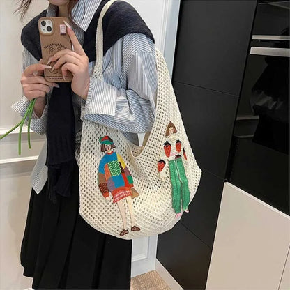 Crochet Mesh Knit Shoulder Bag – Cartoon Tote Beach Bag for Women