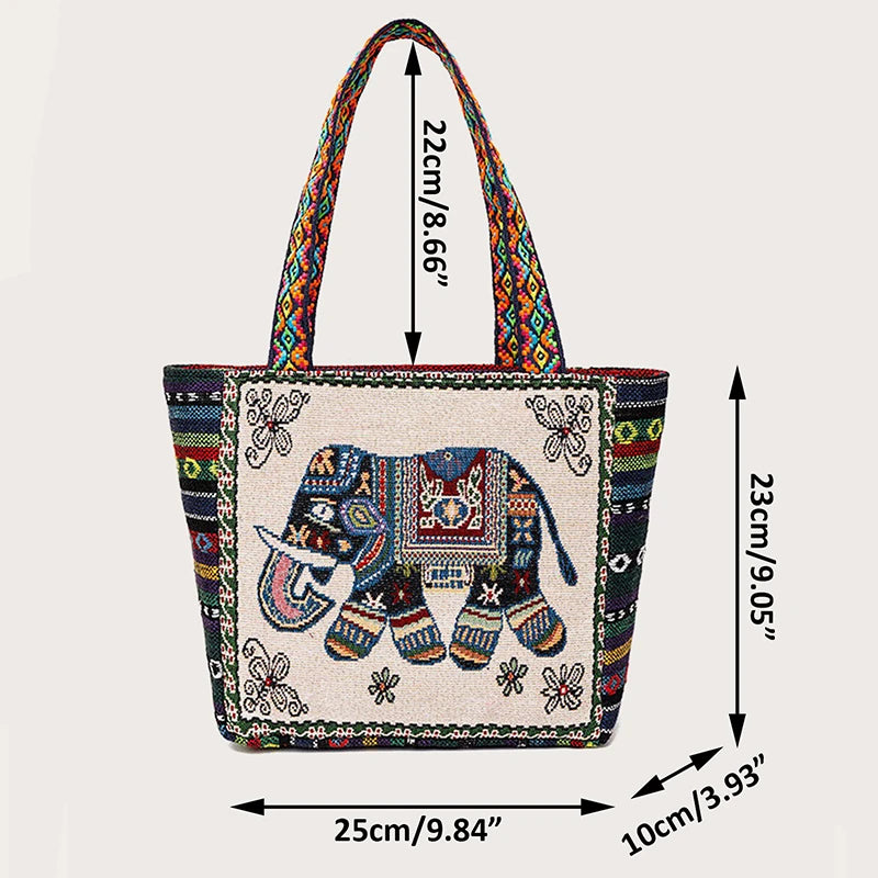 Embroidered Canvas Tote Bag – Ethnic Boho Shoulder Handbag