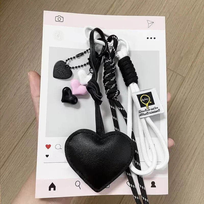Heart Leather Keychain Bag Charm with Braided Rope & Heart Beads