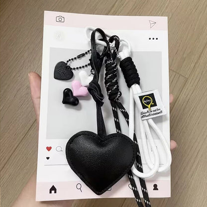 Heart Leather Keychain Bag Charm with Braided Rope & Heart Beads