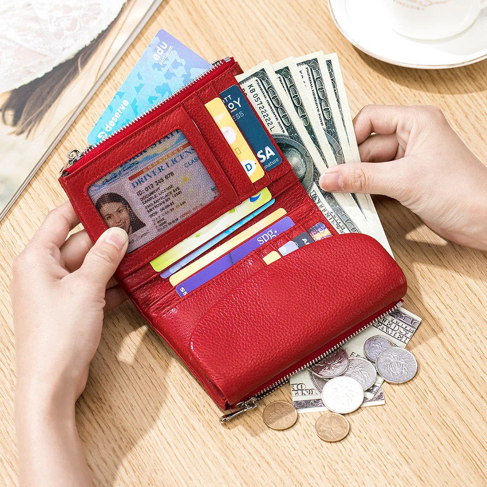 Women's Genuine Cowhide Leather Trifold Wallet with Zipper Coin Pocket