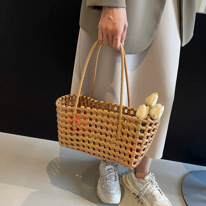 Moods Underarm Basket Shoulder Bags Women Summer Latest Beach Tote Bag Woven Design Plastic