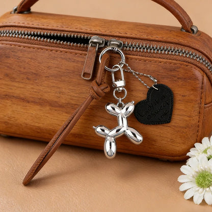Y2K Balloon Dog Keychain with Heart Charm & Leather Tassel