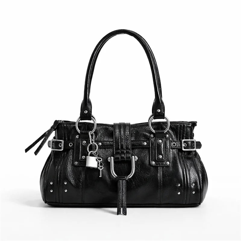 Retro Rivet Shoulder Bag with Padlock & Large Capacity