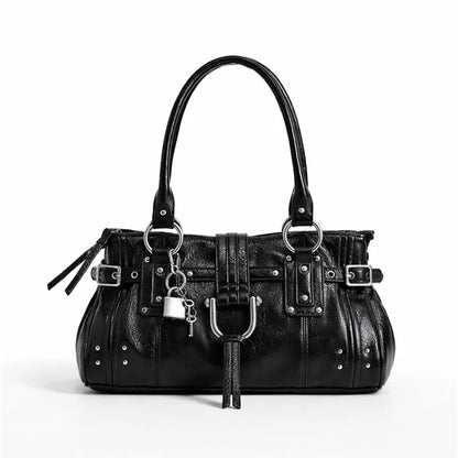 Retro Rivet Shoulder Bag with Padlock & Large Capacity
