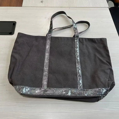 Sequin Canvas Tote Bag – Large Capacity Color-Block Handbag