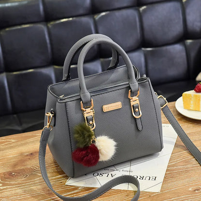 PU Leather Handbag for Women – Crossbody Bag with Fur Ball Charm