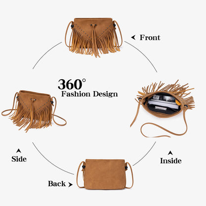 Boho Tassel Crossbody Bag for Women – Studded Fringe Shoulder Bag