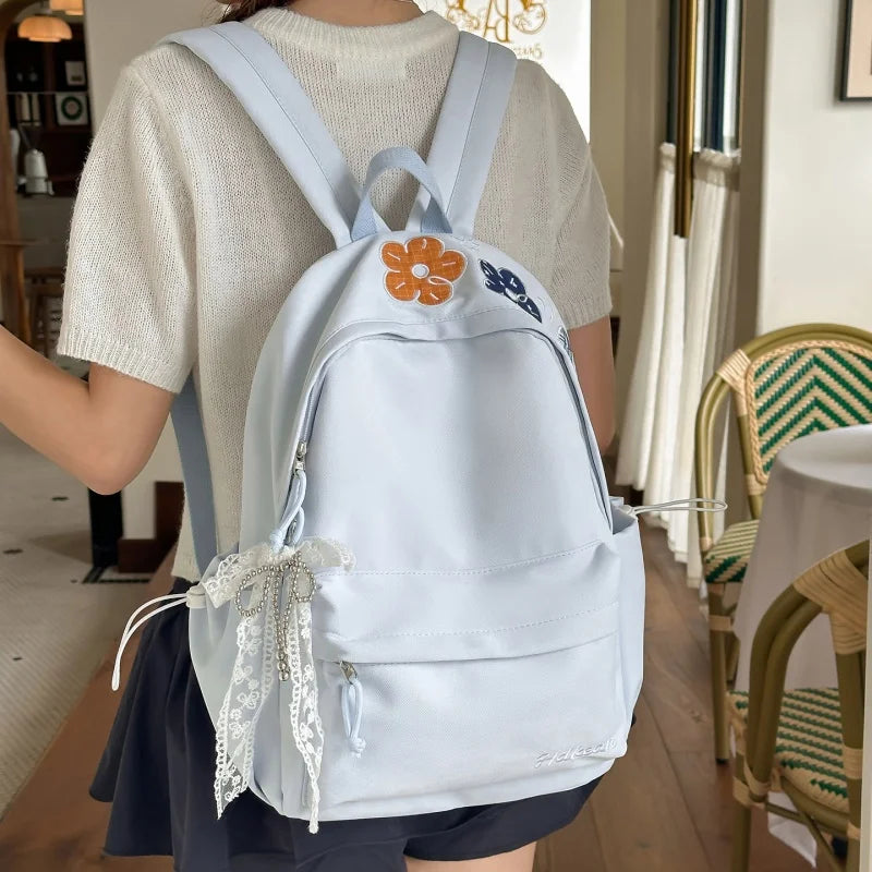 Kawaii Floral Bow Backpack for Girls – Large Nylon School Bag