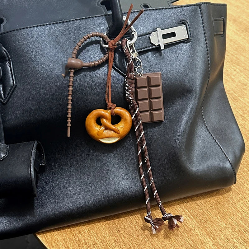 Cute Food Bag Charm Keychain with Braided Rope – Croissant, Chocolate & More