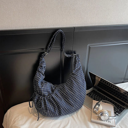 Large Canvas Plaid Shoulder Bag Pleated Hobo Crossbody Tote