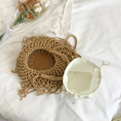 Moods Boho Style Shoulder Basket Bags Women 2-In-1 Yarn Knitted Drawstring Bucket Handbags Summer