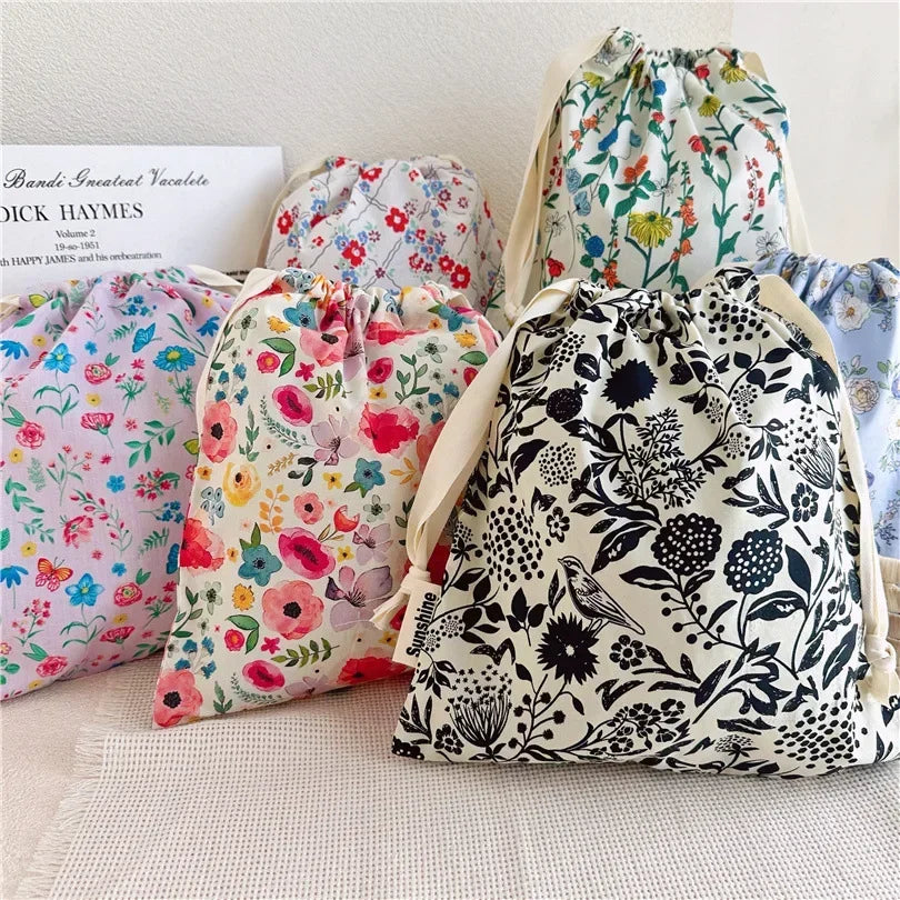 Floral Cotton Drawstring Travel Organizer Bag