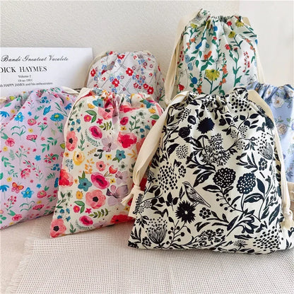 Floral Cotton Drawstring Travel Organizer Bag