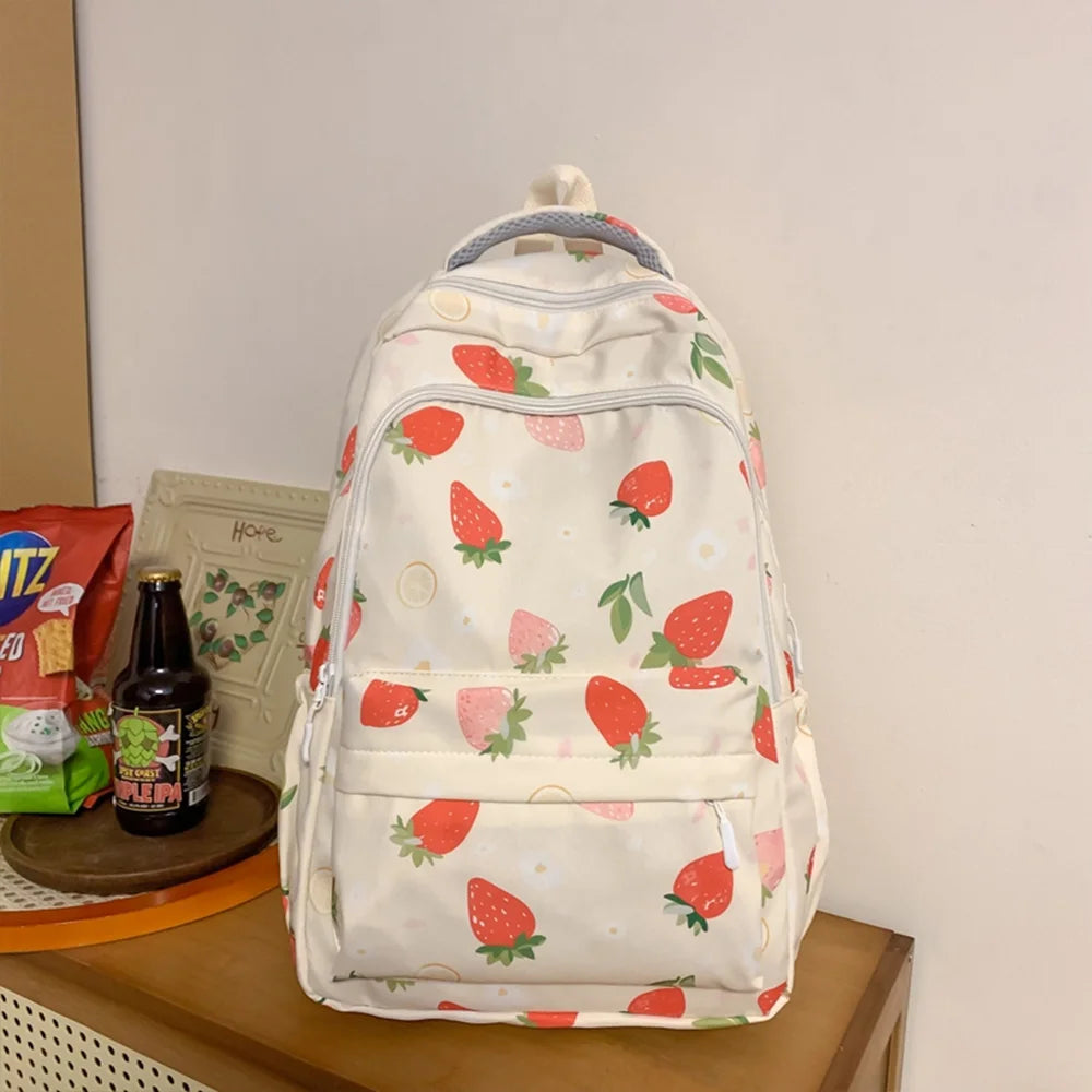 Strawberry Print Nylon Backpack – Cute Lightweight School Bag