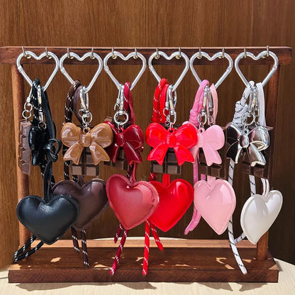 PU Leather Heart & Bow Keychain with Woven Rope Tassel