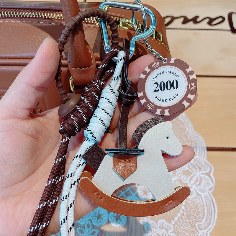 Leather Rocking Horse Bag Charm Keychain with Braided Rope & Poker Chip Pendant