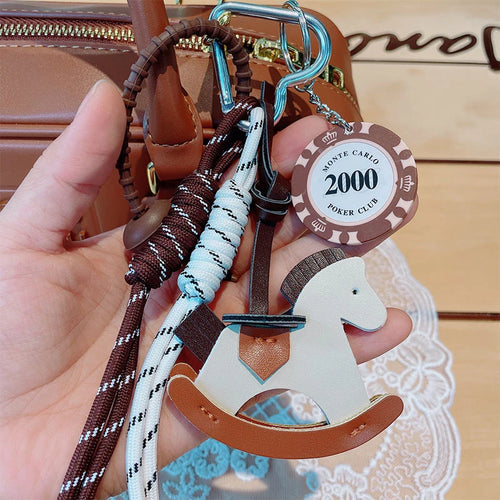 Leather Rocking Horse Bag Charm Keychain with Braided Rope & Poker Chip Pendant