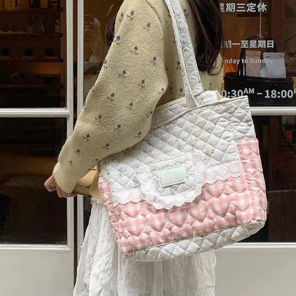 Kawaii Quilted Canvas Tote Bag – Lace Plaid Shoulder Handbag