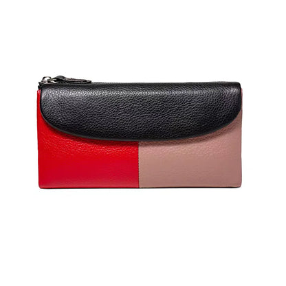 Genuine Leather Tri-Fold Long Wallet for Women – Patchwork Color-Block Purse