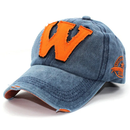 Washed Cotton Baseball Cap – Embroidered Letter W Snapback