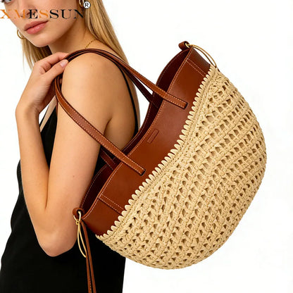 Straw Woven Tote Bag - Large Capacity Beach Shoulder Bag for Summer