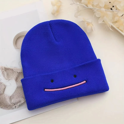 Embroidered Smile Knit Beanie – Stretchy Winter Hat