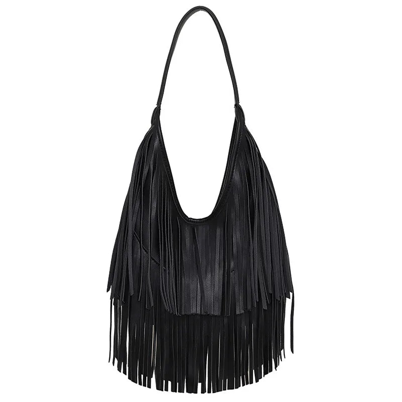 Boho Fringe Leather Hobo Shoulder Bag for Women