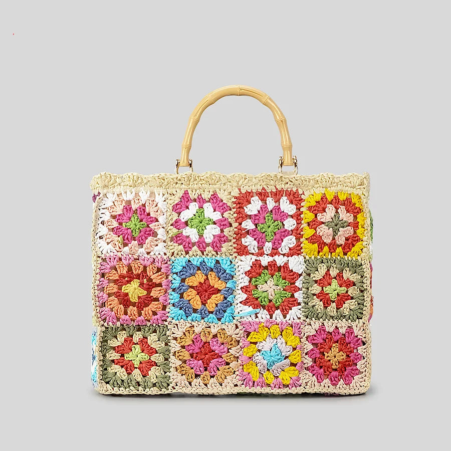 Bohemian Granny Square Staw Handbags Casual Paper Woven Bamboo Handle Women Hand Bags Handmade Summe