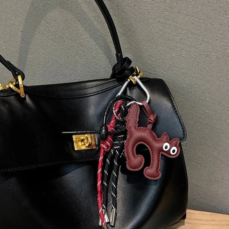 Cute Leather Cat Keychain Bag Charm with Pearl Rope